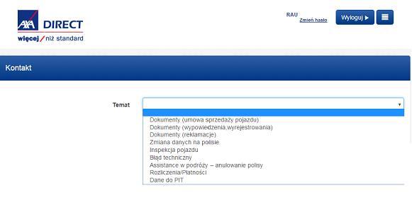 4. Nowe funkcjonalności - Kontakt KROK 1 W obszarze Kontakt dostępna jest rozwijana lista tematów w sprawie których Agent może skontaktować się z AXA w tym miejscu z gotowej listy możesz wybrać temat