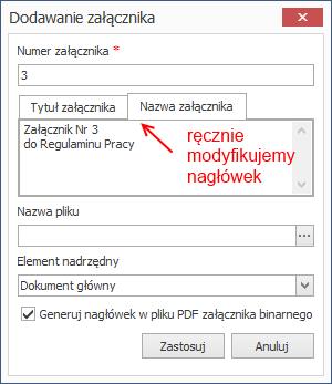W przypadku dodania pliku w innym formacje niż PDF, aplikacja zaoferuje automatyczna konwersję pliku załącznika do PDF Załączniki binarne możemy dodawać z poziomu zakładki Wstawianie Załącznik