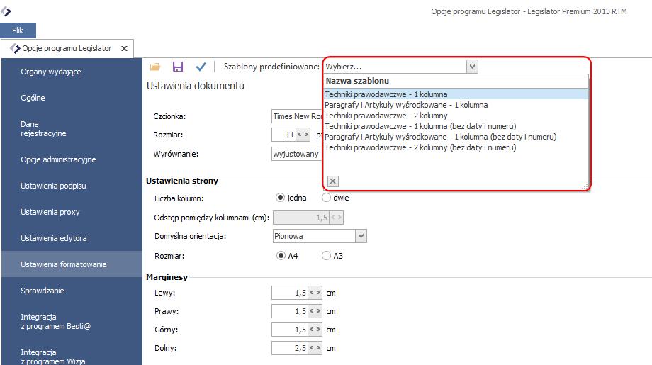 Domyślnie ustawiony jest szablon formatowania wg technik prawodawczych.