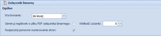 2. Załącznik binarny: 1) Ogólne gdzie określimy zaznaczając opcję Generuj nagłówek w pliku PDF załącznika binarnego, czy program ma dodać automatycznie nagłówki do załączników binarnych.