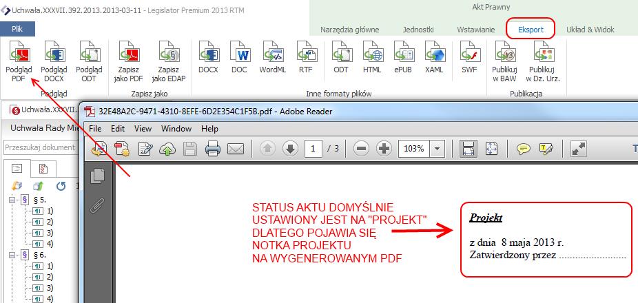 przechodzimy do zakładki Eksport i wybieramy Podgląd PDF w celu sprawdzenia czy