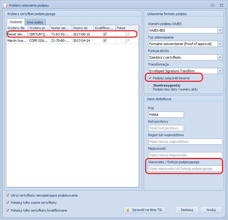 Przedostanie okno to okno wyboru certyfikatu i ustawień podpisu: Domyślnie dla każdego z podpisów, stosowany będzie obowiązujący wariant podpisu bez znacznika czasu oraz opcja podpisywania