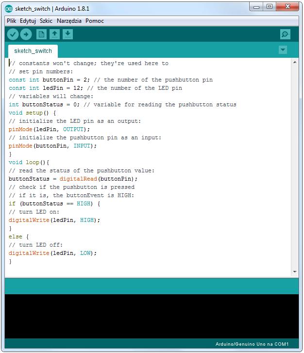 Arduino jako wyłącznik z opóźnieniem Przykład 1. Szkic projektu wyłącznika z opóźnieniem Uwaga techniczna Wartość ledpin można zmienić na 13, aby móc obsługiwać wbudowaną diodę LED.