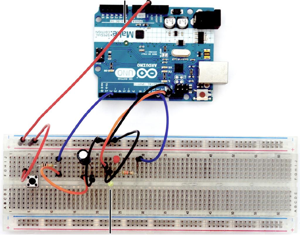 Arduino jako wyłącznik z opóźnieniem D13 +LED LED LED2 Green Rysunek 3. Dodanie zielonej diody LED do obwodu przełącznika trikowego na pełnowymiarowej płytce stykowej kowego jest zakończony.