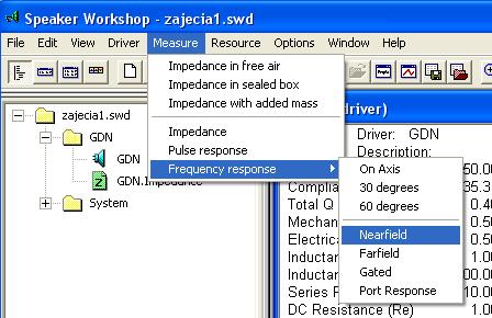 W programie zaznaczamy okno głośnika a następnie wybieramy w pasku menu Measure Frequency response Nearfield: W oknie drzewa