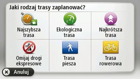 Uwaga: Można wybrać ustawienia, aby urządzenie wyświetlało monit o wybór typu planowanej trasy w momencie wybrania samochodu jako używanego pojazdu.