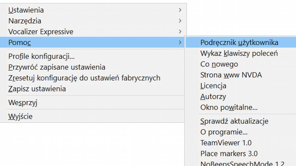 Ilustracja 14: Menu NVDA z wyborem Podręcznika użytkownika z Pomocy Zarówno Podręcznik użytkownika, jak i Wykaz klawiszy poleceń są prezentowane w formie strony internetowej i po naciśnięciu Enter