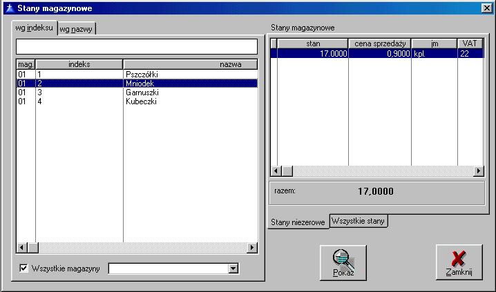 rys.15. okno stanów magazynowych W lewej tabelce pokazane są wszystkie indeksy materiałowe, jakie zostały wpisane do programu. Indeksy mogą być sortowane według numeru indeksu lub nazwy.