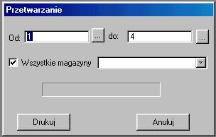 W okienku filtru moŝliwy jest wybór zakresu indeksów do wydrukowania oraz magazyn, dla którego ma zostać przygotowane zestawienie