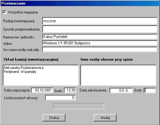 przeprowadzała spis oraz pozostałe osoby pomocne przy spisywaniu stanów magazynowych. Dwa pola poniŝej umoŝliwiają wprowadzenie daty i godziny początku przeprowadzania spisu.