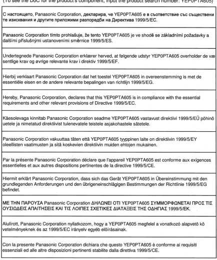 5-9. Bluetooth 271 Certyfikat Certyfikat ZgodnoÊci ( DECLARATION of CONFORMITY (DoC)) Firma Panasonic Corporation deklaruje, e urzàdzenie o oznaczeniu ASSY [YEP0PTA605] spe nia podstawowe wymogi oraz