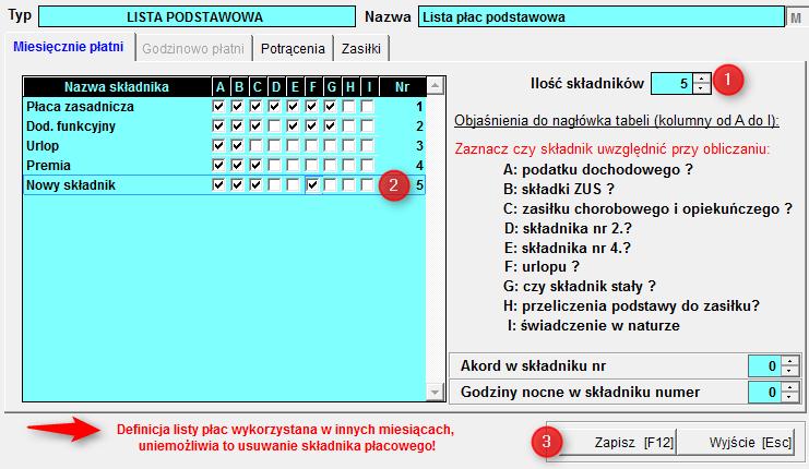 Kliknięcie górnej belki obok numeru ostatniego składnika (1), spowoduje zmianę numeru składnika na kolejny i dodanie pola o takim numerze (2) w oknie zawierającym wykaz składników.