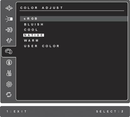 Element Obja nienie Color Adjust (Regulacja kolorów) oferuje kilka opcji regulacji kolorów: ustawione fabrycznie temperatury kolorów oraz User Color (Indywidualne ustawienia koloru) pozwalaj ce