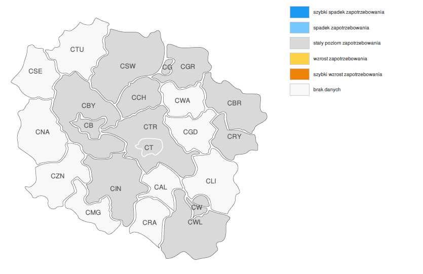 PROGNOZA NA 2017, WOJEWÓDZTWO KUJAWSKO-POMORSKIE ZMIANA ZAPOTRZEBOWANIA NA PRACOWNIKÓW W GRUPIE ZAWODÓW: PLASTYCY, DEKORATORZY WNĘTRZ I KONSERWATORZY ZABYTKÓW WG POWIATÓW PROGNOZA NA 2017,