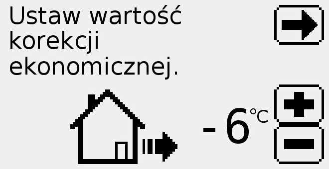 Ustawić wartość korekcji ekonomicznej klawiszami,. Następnie przejść dalej klikając klawisz przy ikonie. Wciskając klawisz (podgląd) wybierz ekran podglądu aktualnych ustawień programatora.