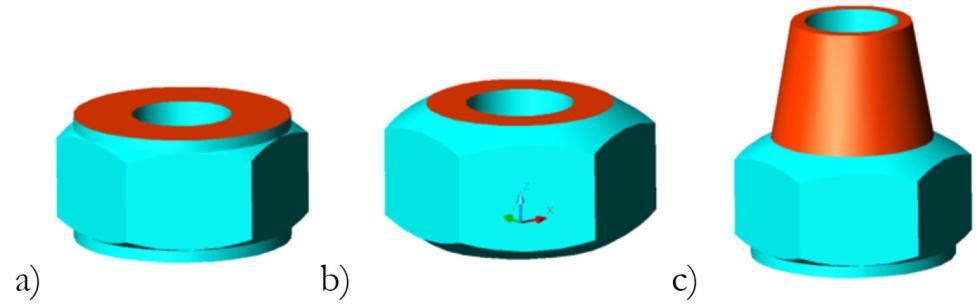 2. Edycja powierzchniowa. Przywołaj (metodą kopiuj-wklej) bryłowy model nakrętki z poprzedniego ćwiczenia. Wykonaj kopie nakrętki tak aby mieć trzy bryły (do części a, b i c).