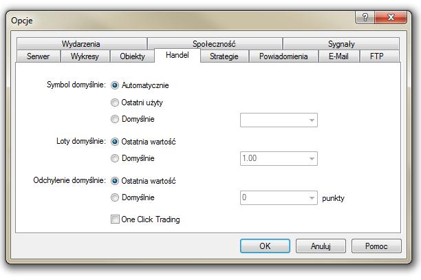 2.4 Handel (Narzędzia -> Opcje -> Handel) Do wyboru mamy następujące parametry: Symbol domyślnie opcja ta pozwala zdefiniować, jaki instrument pokazywany będzie w okienku składania zleceń.