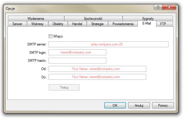 2.7 E-Mail (Narzędzia -> Opcje -> E-Mail) Zakładka ta służy do konfiguracji skrzynki mailowej. Można tu ustawić automatyczne wysyłanie wiadomości o aktywnościach realizowanych na rachunku.