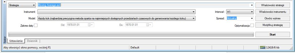 ustawienia parametrów. W celu powrotu do ustawień domyślnych należy skorzystać z przycisku Resetuj. Aby uruchomić strategię z nowymi wartościami należy skorzystać z klawisza OK.