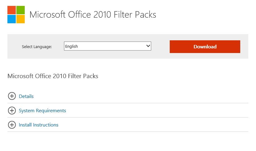 Obsługa plików docx MS Office 2010 Filter Packs