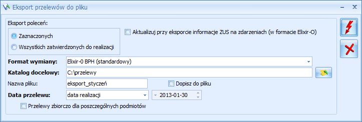 Po naciśnięciu na ikonę Eksportuj polecenia przelewu pojawia się okno Eksport przelewów do pliku, w którym należy uzupełnić następujące dane: Eksport poleceń - do wyboru eksport tylko zaznaczonych