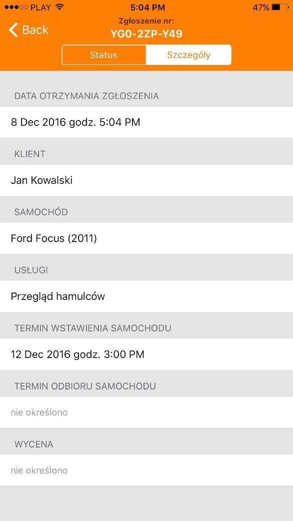 Dla elementu Szczegóły otrzymujemy wszystkie informacje wprowadzone przez klienta w momencie składania zgłoszenia serwisowego.