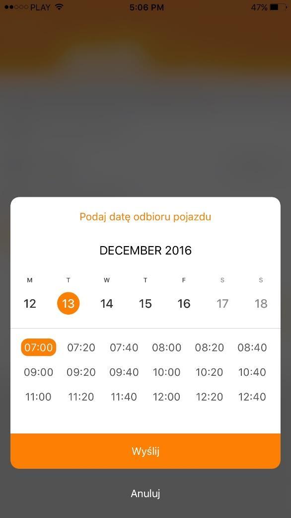 Po użyciu przycisku Podaj datę odbioru, dostajemy możliwość wyboru dnia oraz godziny odbioru
