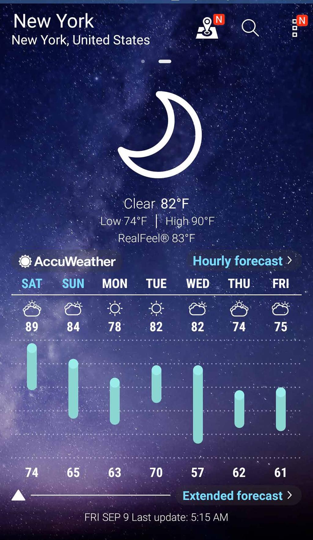 Ekran główny aplikacji Weather (Pogoda) Po wykonaniu odpowiedniej konfiguracji można otrzymywać aktualizacje prognozy pogody dla bieżącej lokalizacji oraz innych części świata.