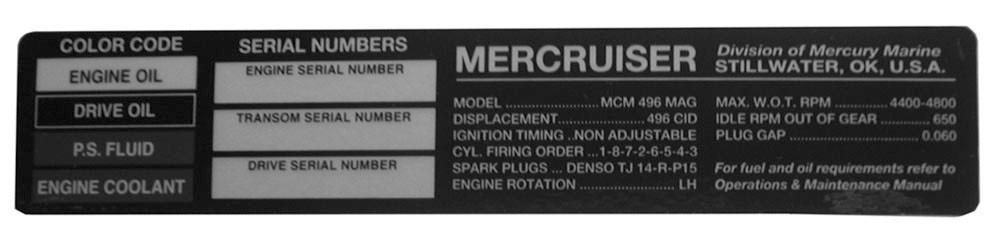Rozdział 2 - Budowa zespołu silnikowego Identyfikacja Numery seryjne są kluczami producenta zawierającymi informacje o szczegółach konstrukcyjnych jednostki napędowej MerCruiser.