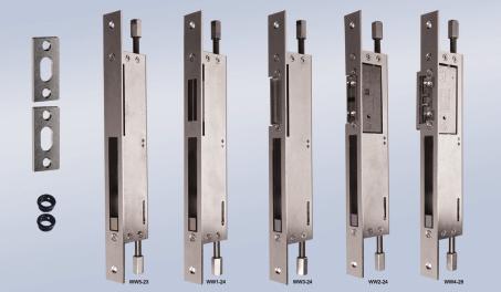 Blacha zeczepowa zamka Rewersyjne z funkcj¹ rygla pionowego do skrzyd³a biernego drzwi seria WW WW5-23 do zamka dodatkowego WW1-24 - sta³a WW3-24 - regulowana WW2-24 do elektrozaczepów serii 1400 /