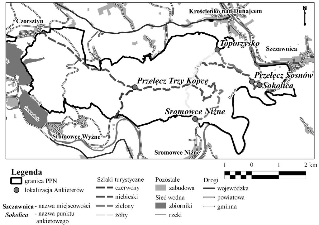 Ryc.2. Rozmieszczenie ankieterów na terenie PPN w 2012r. Opracował: Witold Jucha Próbę losową uzyskano ankietując co 5 osobę wychodzącą z Parku.