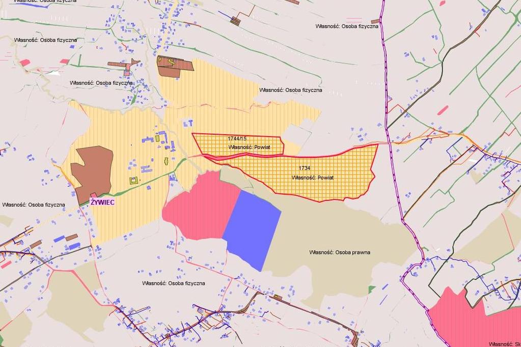 Mapa 19 Lokalizacja oferty inwestycyjnej na terenie miasta Żywca Źródło: Serwis WMS Zintegrowanego Systemu Wspomagania w Powiecie Żywieckim Poniżej na mapie nr 20 przedstawiono strukturę własnościową