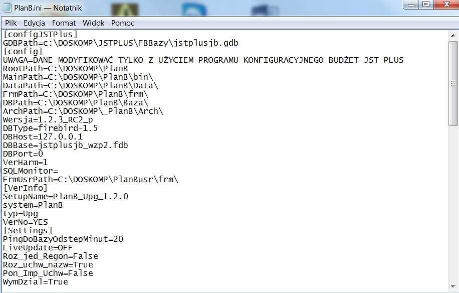 Istotne uwagi - zweryfikować ścieżkę do katalogu i pliku z bazą danych: DBPath=C:\DOSKOMP\PlanB\Baza\ - adres IP serwera DBHost= - zalecamy zmianę rozszerzenia pliku bazodanowego z GDB (domyślne