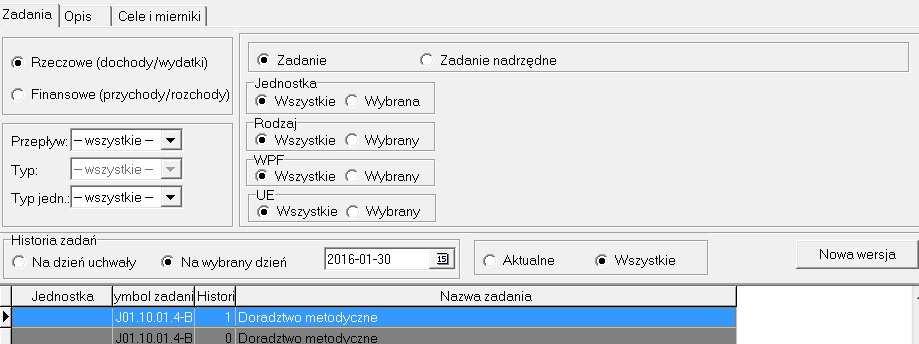 Po aktywowaniu parametru na zakładce Zadania dostępny będzie przycisk Nowa wersja.