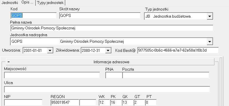 - jednostkę nadrzędną (domyślnie program przyjmuję jako nadrzędną jednostkę nowo zakładaną) - daty utworzenia jednostki oraz likwidacji (zalecamy pozostawienie daty likwidacji domyślnie proponowaną