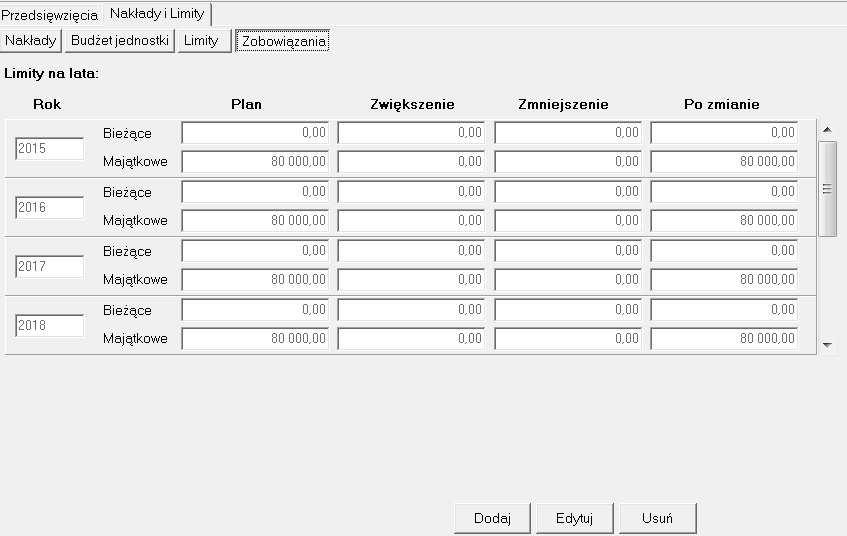 4. Na zakładce Zobowiązania należy wprowadzić limit (limity) zobowiązań. Program PlanB pozwala na określanie limitów przyrostowo dla każdego roku z osobna lub wpisanie limitu globalnego.