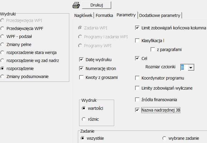 - opcja rozporządzenie Aby poprawnie wygenerować wydruk należy zaznaczyć wymagane parametry