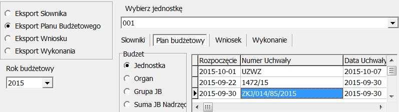 - zaznaczyć opcję Eksport danych - w kolejnym oknie wybrać opcje eksportu zależną od sposobu księgowania dysponenta: Jednostka eksportuje