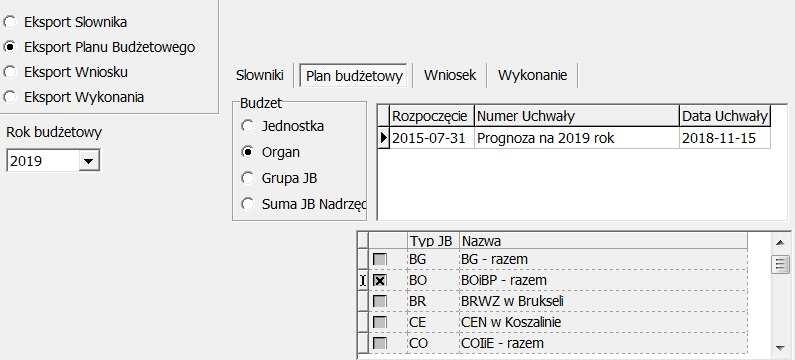 uchwałę lub zarządzenie) Organ eksportuje plan finansowy wg typów jednostek tzw.