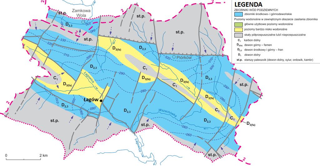 Rysunek 12 Szkic hydrogeologiczny zbiornika Łagów [Państwowy Instytut Geologiczny] Zbiornik Łagów obejmuje część poziomu środkowo i górno dewońskiego w synklinorium kielecko-łagowskim, położoną w