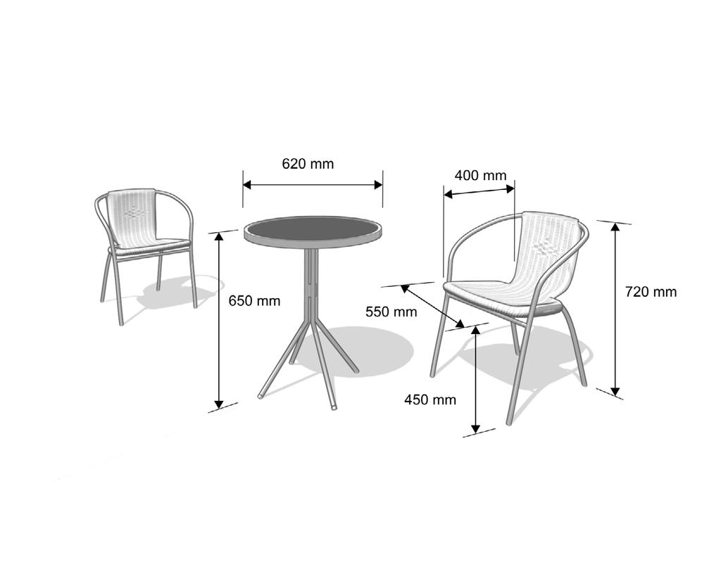 Komplet składa się ze stabilnego emaliowanego stolika średnicy 62 cm oraz 2 szt.