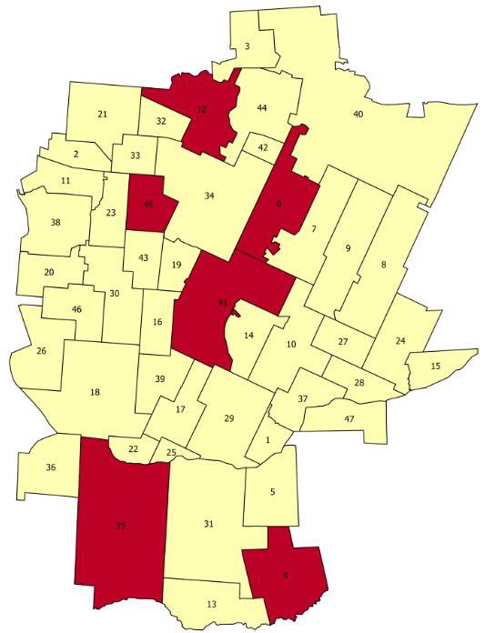 Mapa 17. Koncentracja negatywnych zjawisk w sferze gospodarczej w poszczególnych jednostkach referencyjnych na terenie Gminy Zabłudów 1. Aleksicze 2. Białostoczek 3. Bobrowa 4. Ciełuszki 5.