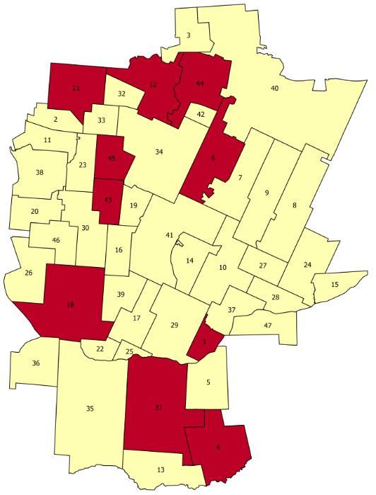 Mapa 19. Koncentracja negatywnych zjawisk w sferze przestrzenno-funkcjonalnej w poszczególnych jednostkach referencyjnych na terenie Gminy Zabłudów 1. Aleksicze 2. Białostoczek 3. Bobrowa 4.