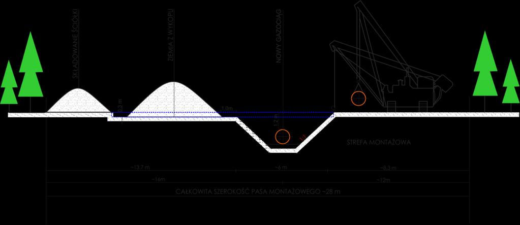 17 m, natomiast szerokość stałej wycinki drzew (pas wyłączony z produkcji leśnej) wynosić będzie 4 m z podziałem po 2 m z obu stron od osi gazociągu do pni drzew lub do krzewów.