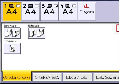 Sortowanie 2. Wybierz opcję [Sortowanie] i naciśnij przycisk [OK]. 3. Za pomocą przycisków numerycznych wprowadź liczbę kompletów kopii. 4. Wybierz kasetę na papier. 5. Umieść oryginały.