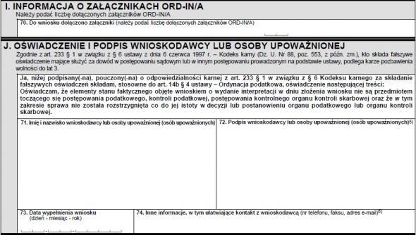 Pozycja 70 jest miejscem, w którym należy podać liczbę dołączonych załączników ORD-IN/A do składanego wniosku, jeżeli takowe się pojawiły.