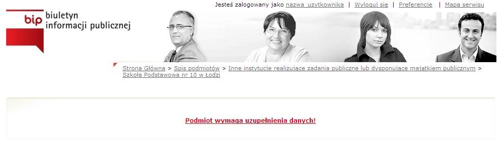 2.2.2.7.Użytkownik (Redaktor SPBIP) loguje się do serwisu. Należy uzupełnić dane zarejestrowanego podmiotu.