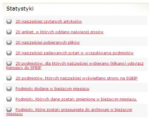 Statystyki serwisu zawierają informacje na temat: 1. 20 najczęściej czytanych artykułów. 2. 20 ankiet, w których oddano najwięcej głosów. 3. 20 najczęściej pobieranych plików. 4.