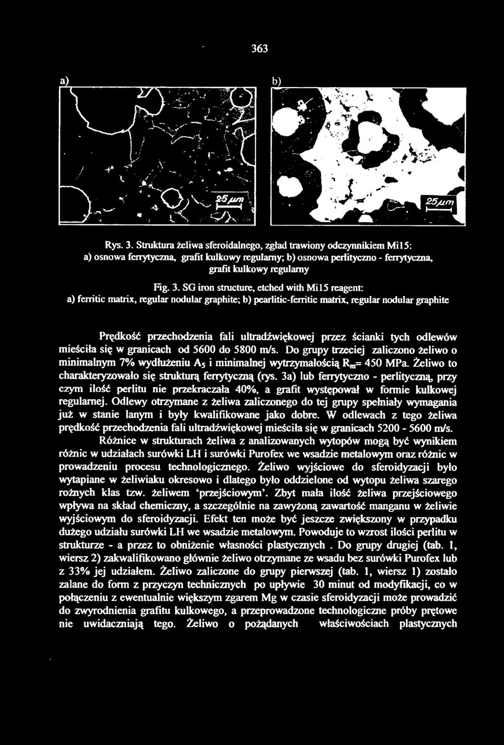 SG iron structure, etched with Mil5 reagent: a) ferritic matrix, regular nodułar graphite; b) pearłitic-ferritic matrix, regular nodular grapbite Prędkość przechodzenia fali ultradźwiękowej przez