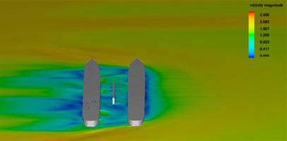 Free-surface velocities around the monohull in the lateral flow, 90 drift angle model M1 Rys. 7.